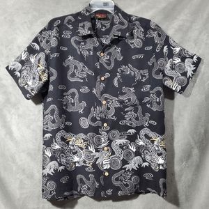 Red Dragon Short Sleeve Button Down Men's Shirt Black Size L